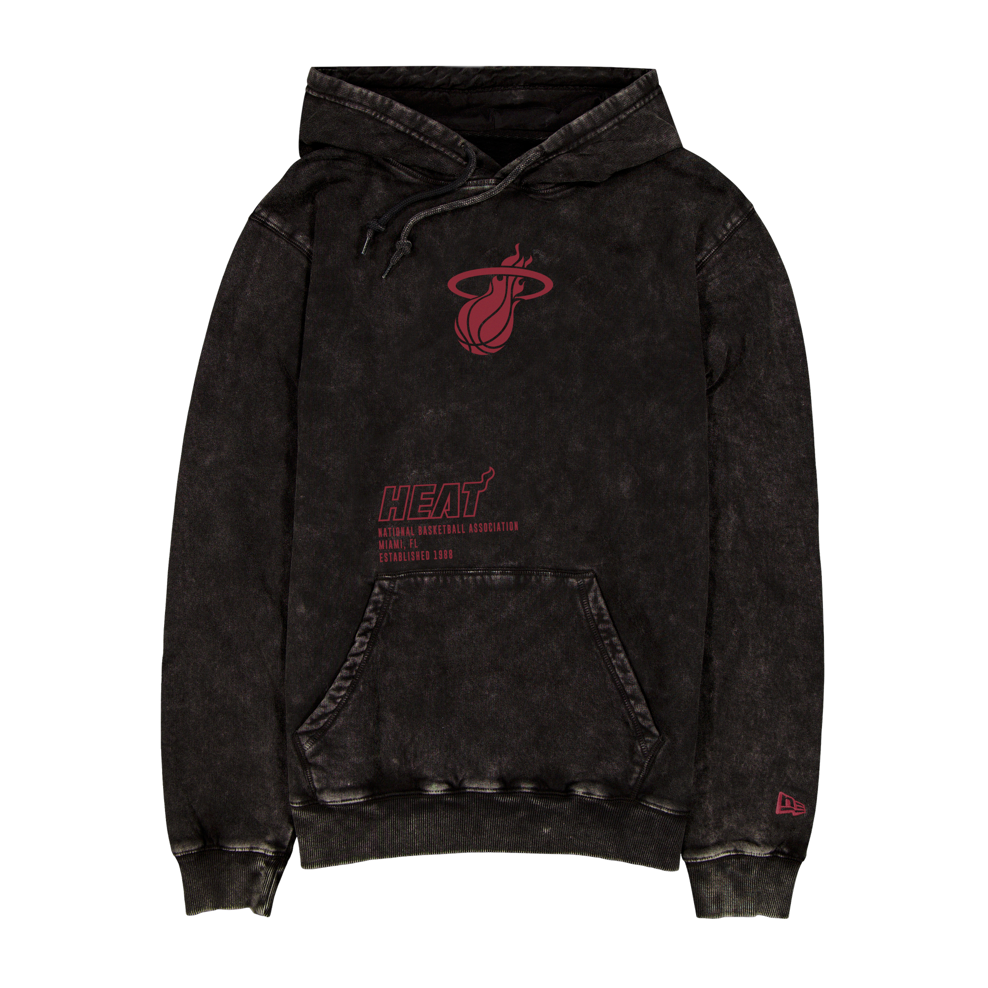 Black mineral wash hoodie with red Miami HEAT logo and front kangaroo pocket. - New Era Miami HEAT Mineral Wash Logo Hood