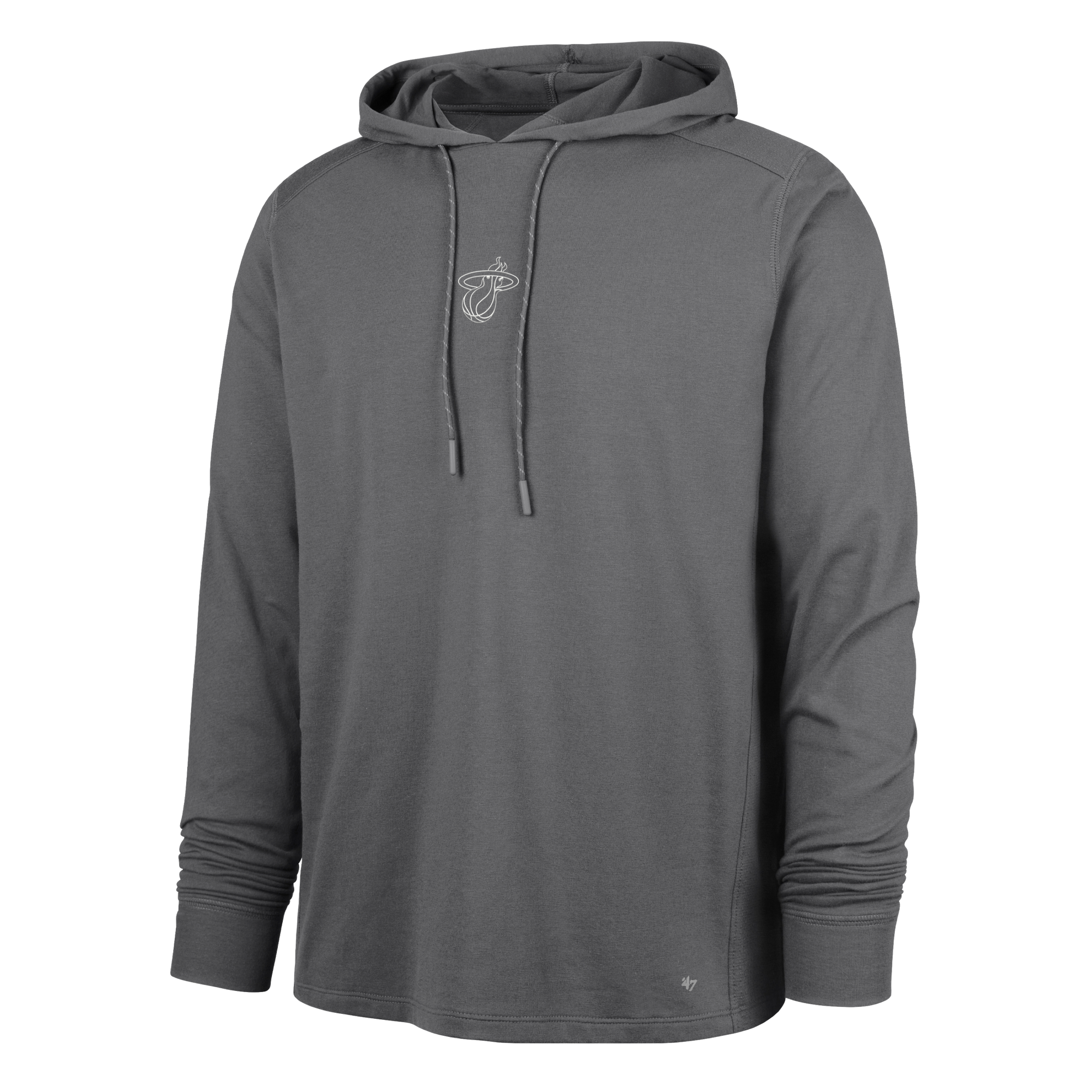 The '47 Brand Miami HEAT Forward Logo Gray Hoodie is a soft cotton-poly blend in gray, with long sleeves, a drawstring hood, and a small white Miami Heat logo on the chest, shown against a plain white background.
