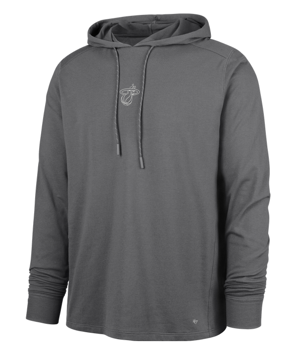 The '47 Brand Miami HEAT Forward Logo Gray Hoodie is a soft cotton-poly blend in gray, with long sleeves, a drawstring hood, and a small white Miami Heat logo on the chest, shown against a plain white background.