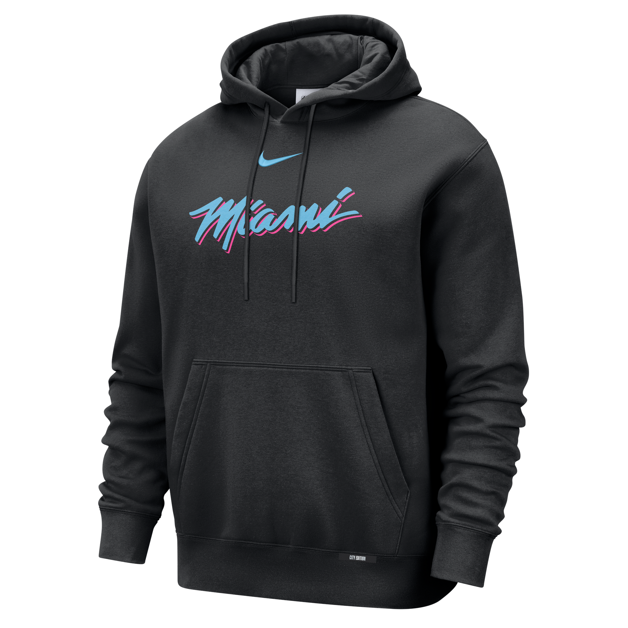 The Nike Miami HEAT Original Vice Nights Wordmark Hoodie is a black, standard fit cotton hoodie with a front pocket, hood, and features the Nike logo plus 