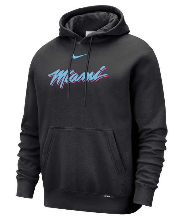The Nike Miami HEAT Original Vice Nights Wordmark Hoodie is a black, standard fit cotton hoodie with a front pocket, hood, and features the Nike logo plus 