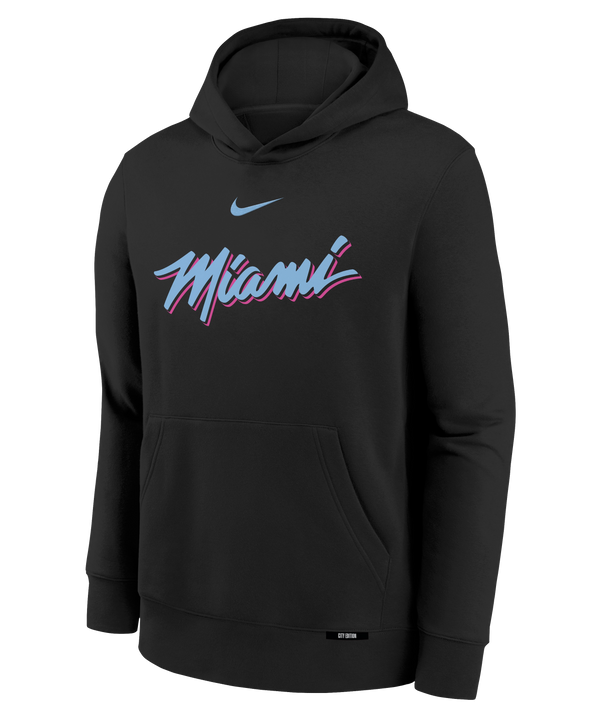 The Nike Miami HEAT Original Vice Nights Youth Hoodie is a black cotton-polyester hoodie with 