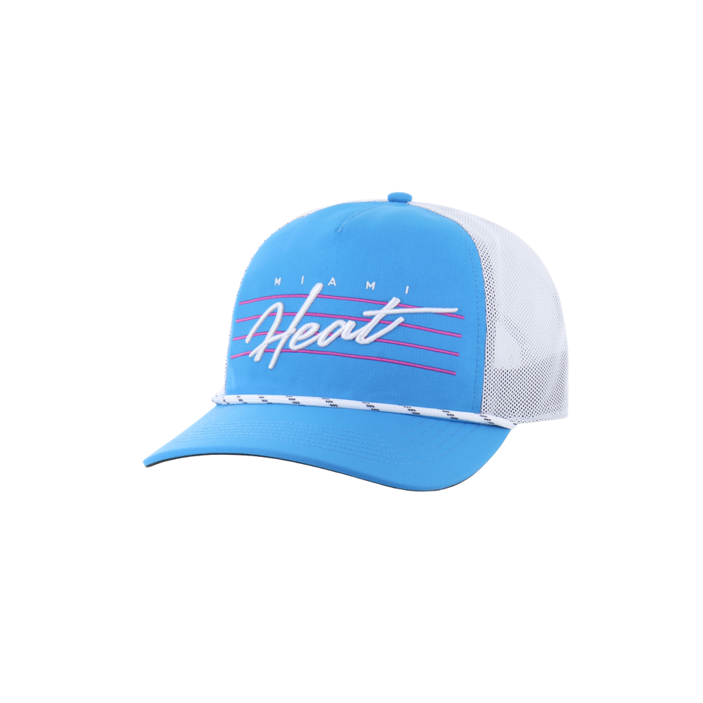 The '47 Brand Miami HEAT Original Vice Nights Blue Snapback is a blue and white mesh trucker hat with Miami Heat in white and pink retro script, cooling tech for rapid drying, and a decorative rope above the brim.
