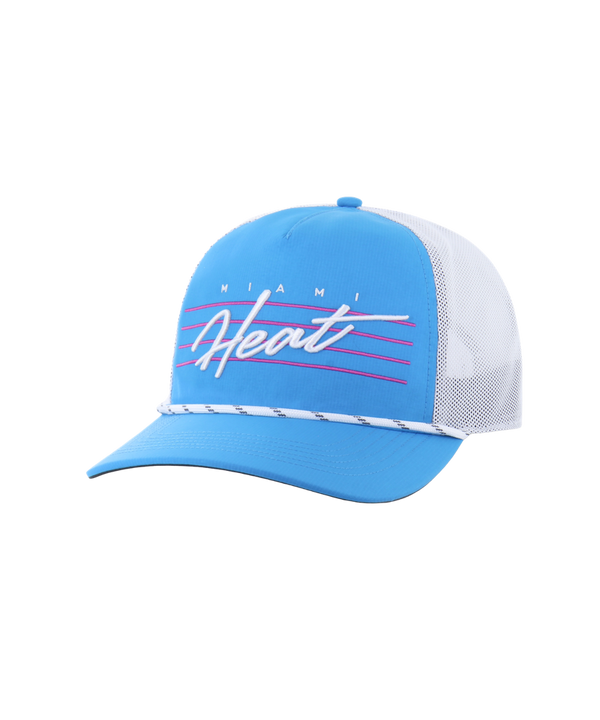 The '47 Brand Miami HEAT Original Vice Nights Blue Snapback is a blue and white mesh trucker hat with Miami Heat in white and pink retro script, cooling tech for rapid drying, and a decorative rope above the brim.