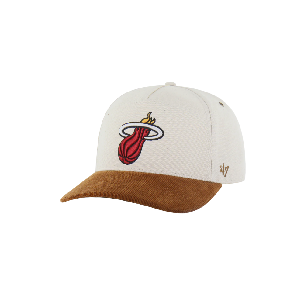 The '47 Brand Carhartt Miami HEAT Hitch Snapback is a white cap with a brown corduroy brim, featuring the team logo embroidered on the front and an adjustable snap closure for a custom fit.