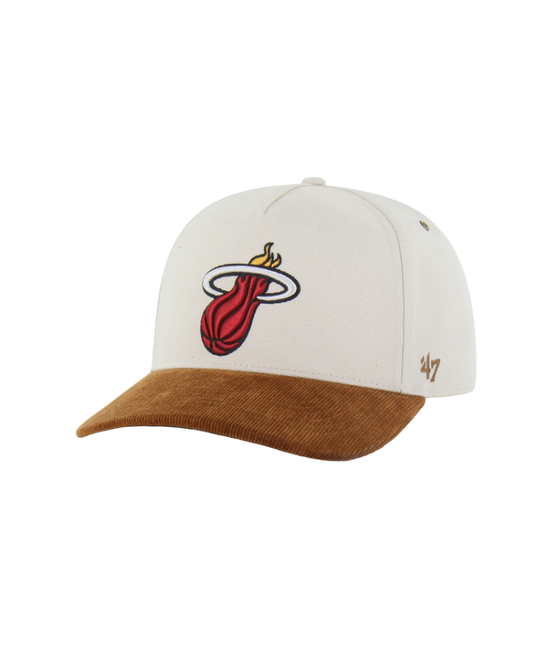 The '47 Brand Carhartt Miami HEAT Hitch Snapback is a white cap with a brown corduroy brim, featuring the team logo embroidered on the front and an adjustable snap closure for a custom fit.