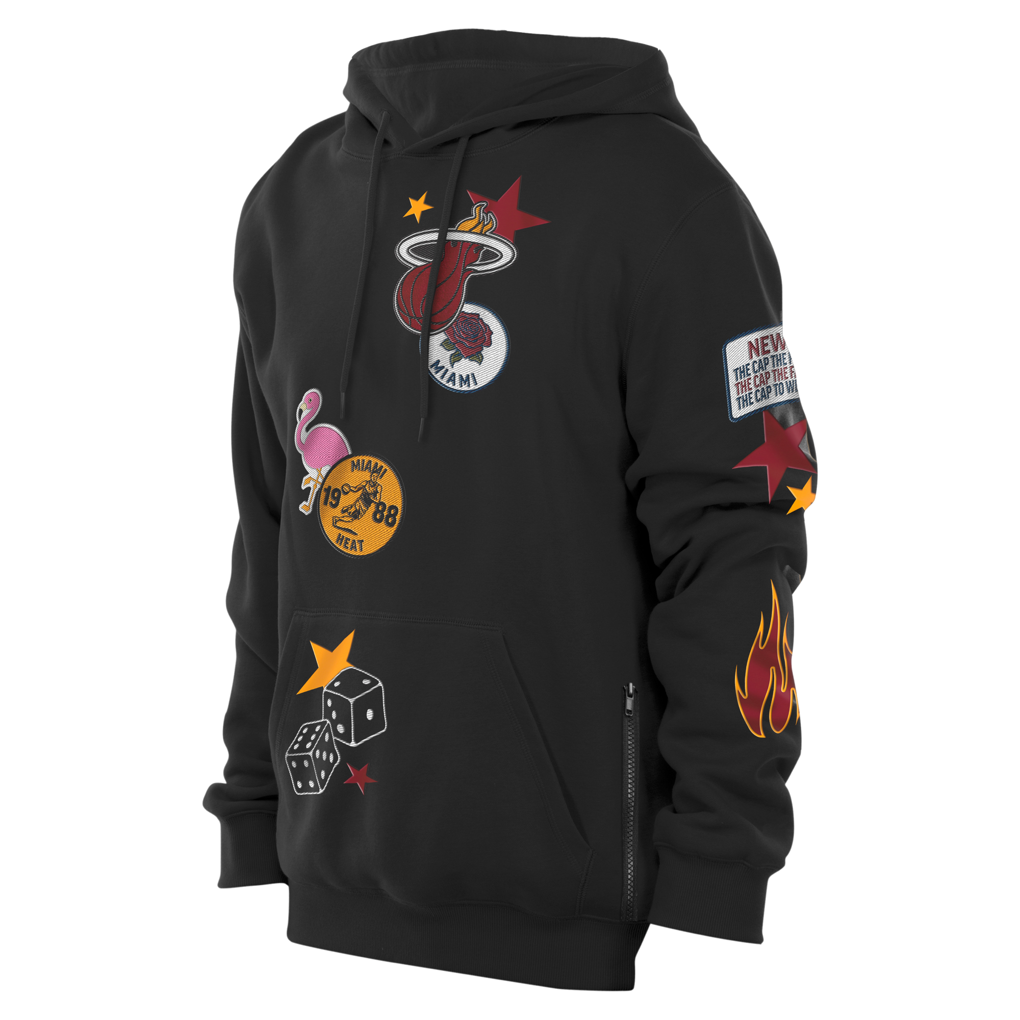 The New Era Miami HEAT Up There Hoodie features Miami Heat logos, a flamingo, 1988 coin, dice, red stars, and special patches. Made from polyester-cotton, it has a standard fit, front pocket, side zipper, and is machine washable.