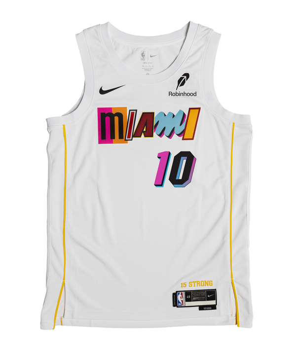 The Tim Hardaway Jr. Nike Miami Mashup Vol. 2 Swingman Jersey features white Dri-FIT fabric, colorful 
