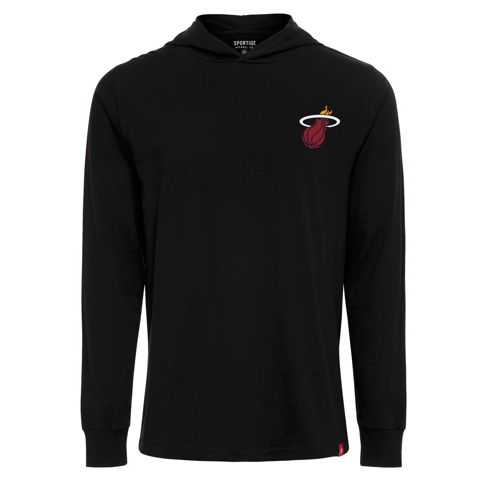 The Sportiqe Miami HEAT Solano Logo Hoodie is a black long-sleeve cotton shirt with a hood and the Miami Heat logo on the left chest. This machine washable, standard-fit hoodie by Sportiqe is shown on a plain white background.
