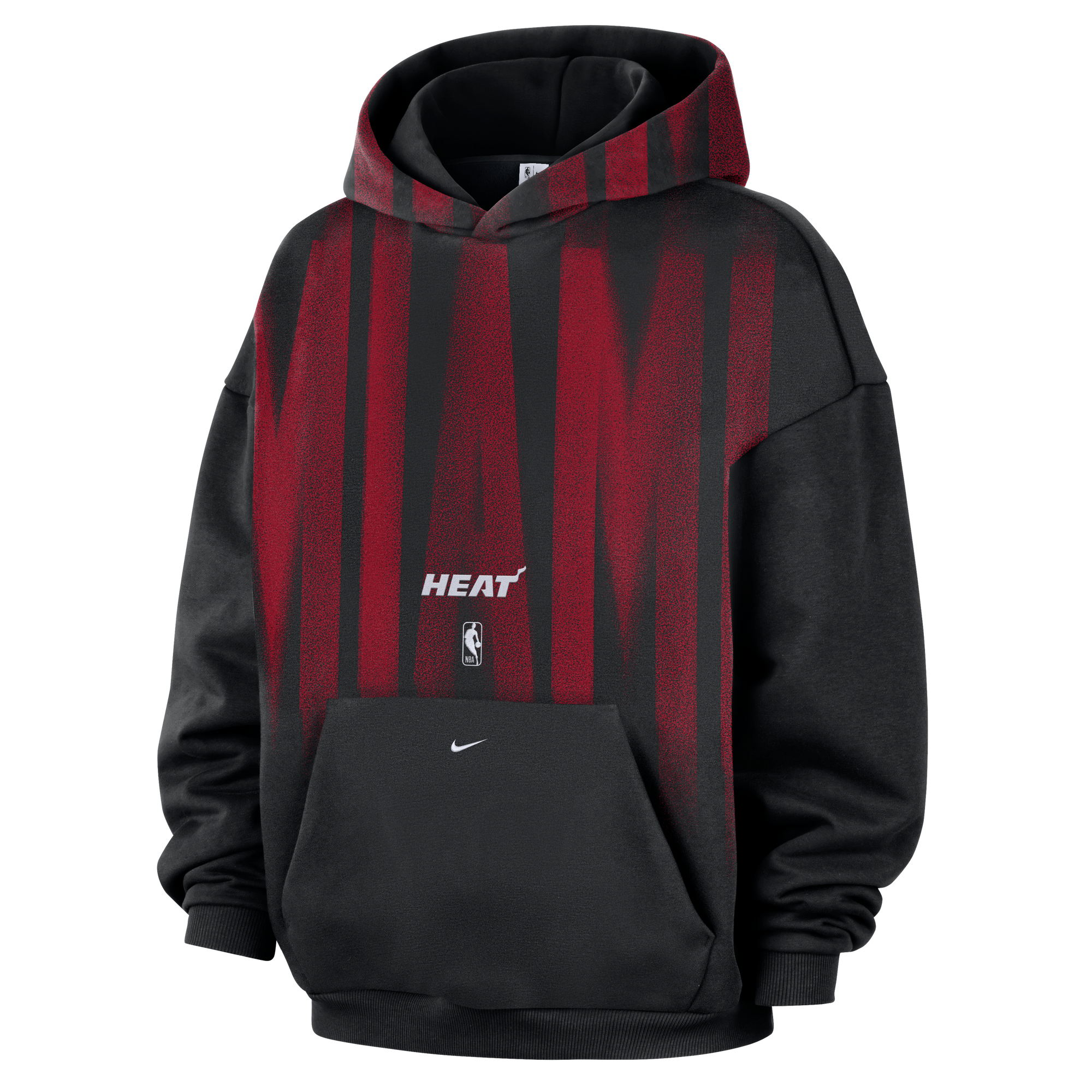 Black, loose-fit Nike Miami HEAT Oversized Wordmark Fleece Hoodie featuring a red, vertical graphic pattern with an embroidered team name and logo on the chest.