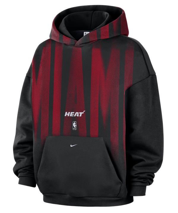 Black, loose-fit Nike Miami HEAT Oversized Wordmark Fleece Hoodie featuring a red, vertical graphic pattern with an embroidered team name and logo on the chest.