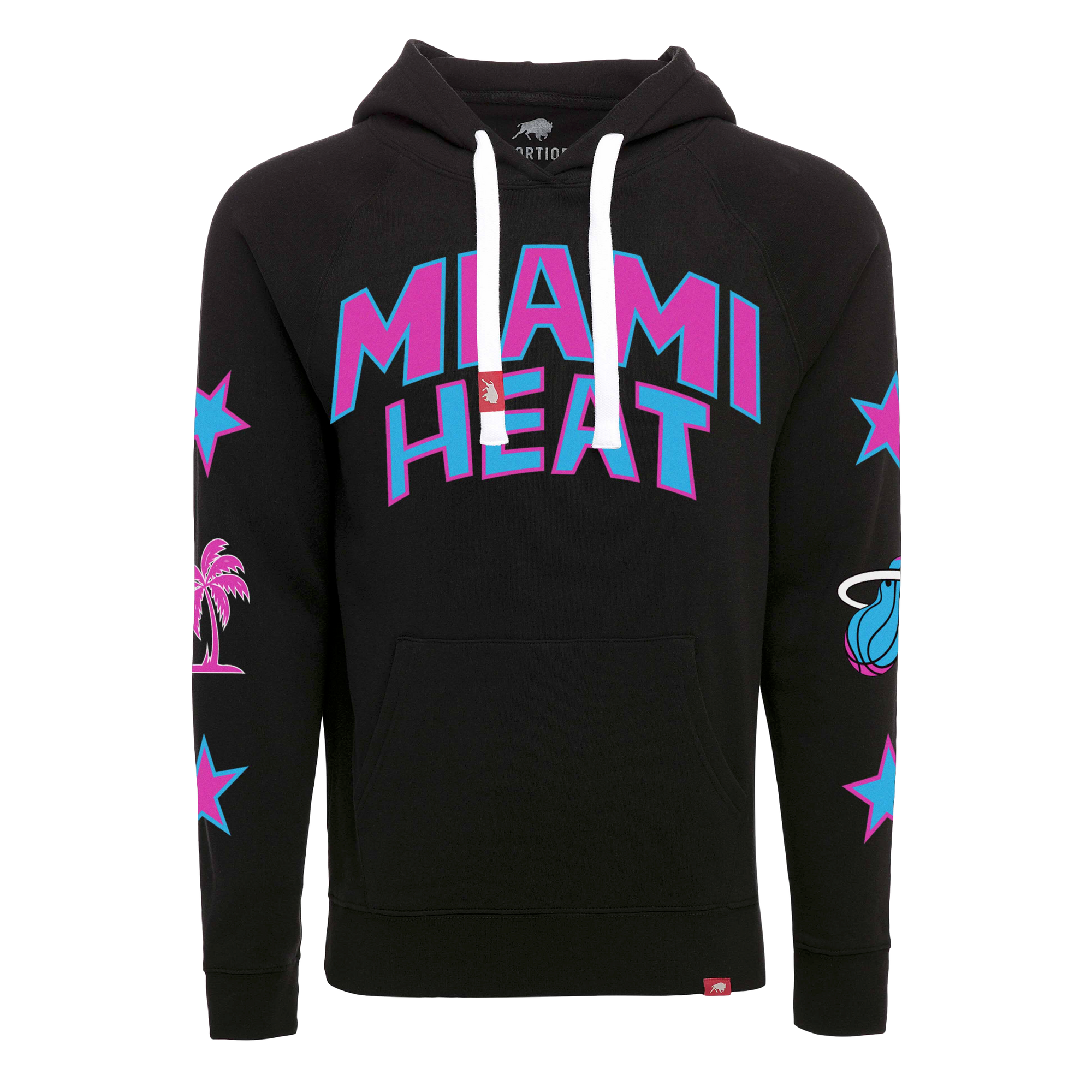 The Sportiqe Miami HEAT Original Vice Nights Star Hoodie is a black hoodie with bold MIAMI HEAT pink and blue text, palm tree and basketball graphics on the sleeves, blue stars on the arms, and white hood drawstrings.