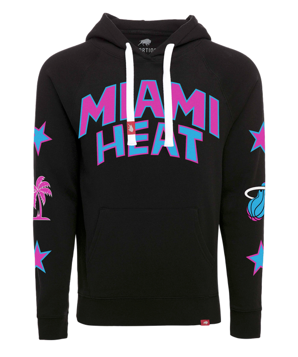 The Sportiqe Miami HEAT Original Vice Nights Star Hoodie is a black hoodie with bold MIAMI HEAT pink and blue text, palm tree and basketball graphics on the sleeves, blue stars on the arms, and white hood drawstrings.