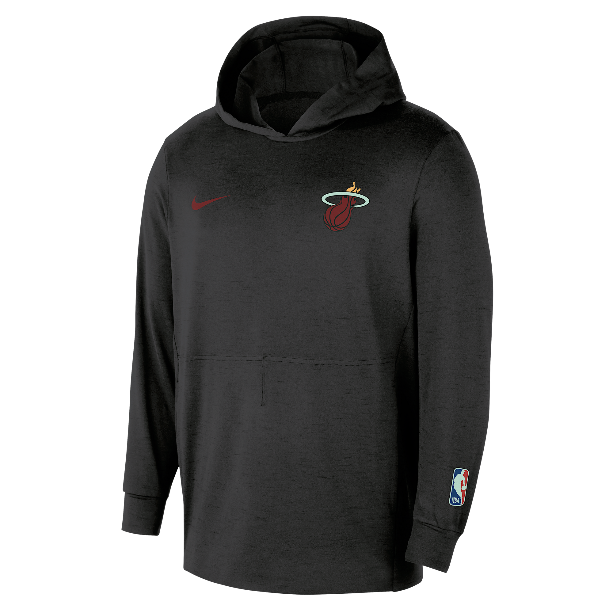 The Nike Miami HEAT Restore Pullover Hoodie showcases the team logo on the chest, a red Nike Swoosh on the right, an NBA patch on the left sleeve, and features sweat-wicking fabric for all-day comfort.