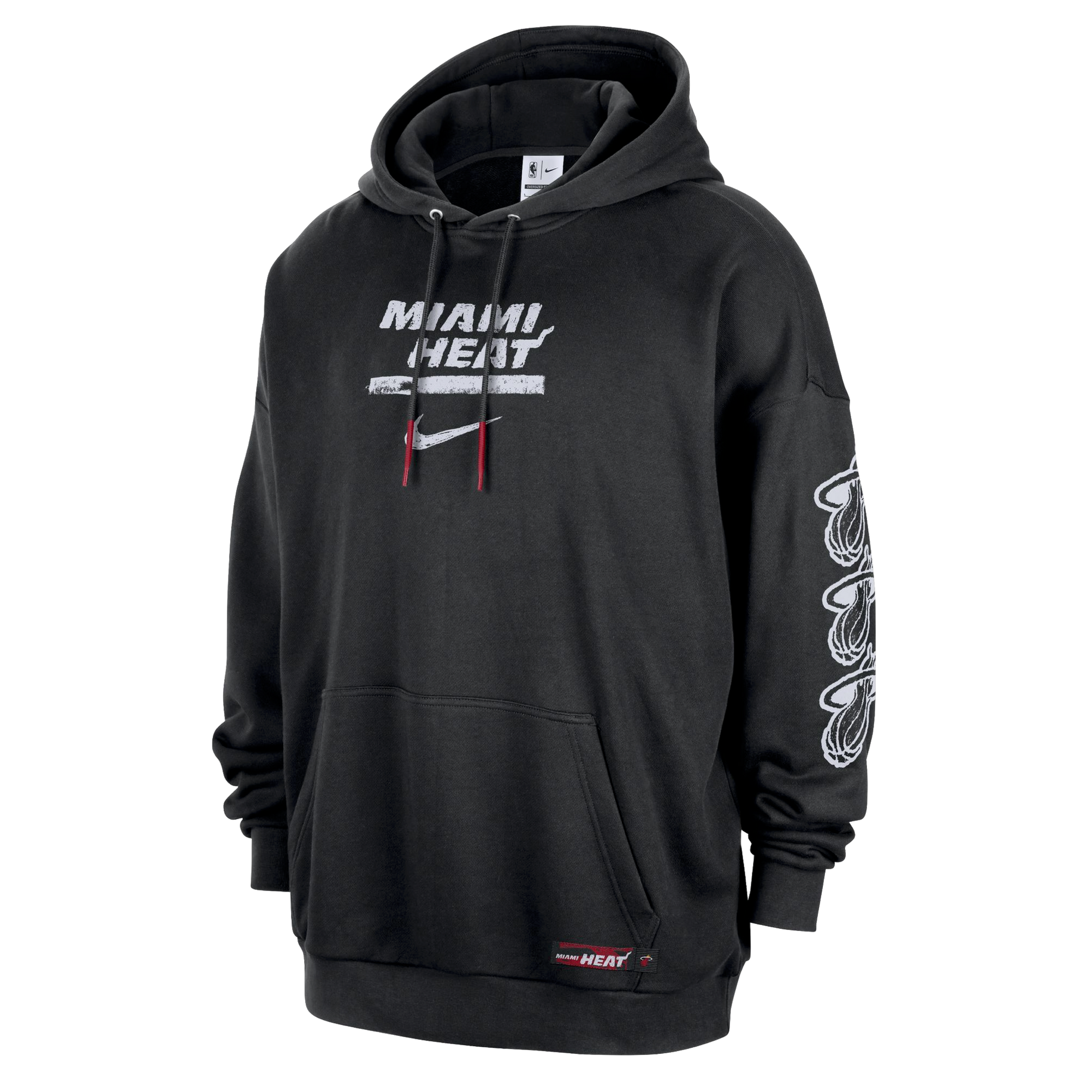 The Nike Miami HEAT Club Pullover Black Hoodie features MIAMI HEAT text, a white Nike logo on the chest, a front pocket, and a white graphic on the sleeve. This washable cotton hoodie offers standard fit comfort and style.