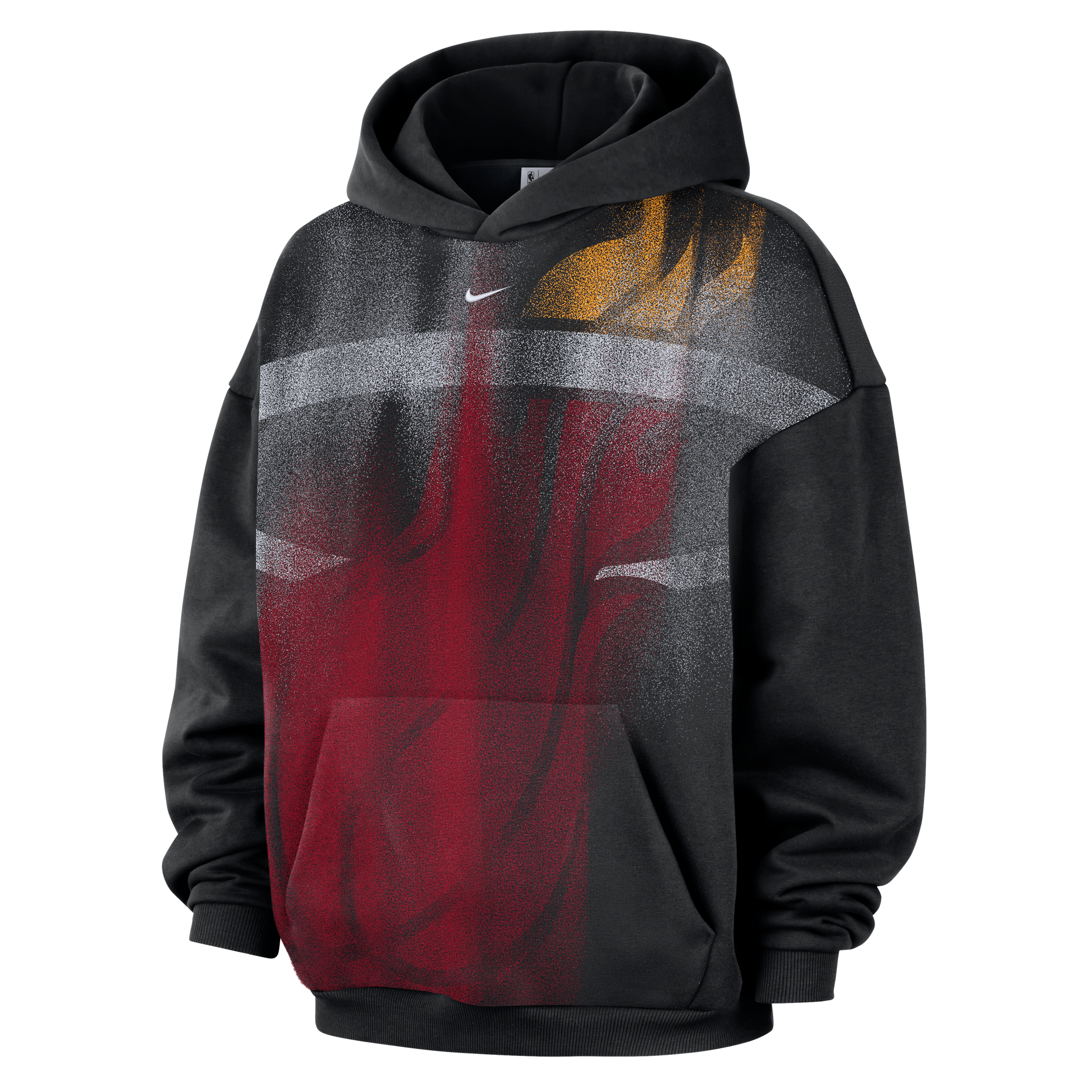 The Nike Miami HEAT Oversized Logo Fleece Hoodie is a black fleece hoodie from Nike, showcasing a striking Miami Heat logo on the front in a spray-paint effect of red, white, and yellow. It features a front pocket and hood, making it the perfect choice for any Miami HEAT fan.