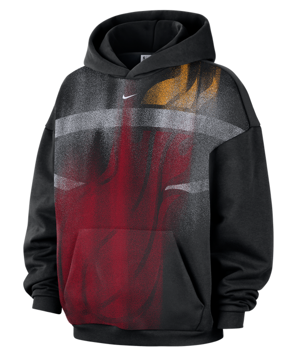 The Nike Miami HEAT Oversized Logo Fleece Hoodie is a black fleece hoodie from Nike, showcasing a striking Miami Heat logo on the front in a spray-paint effect of red, white, and yellow. It features a front pocket and hood, making it the perfect choice for any Miami HEAT fan.