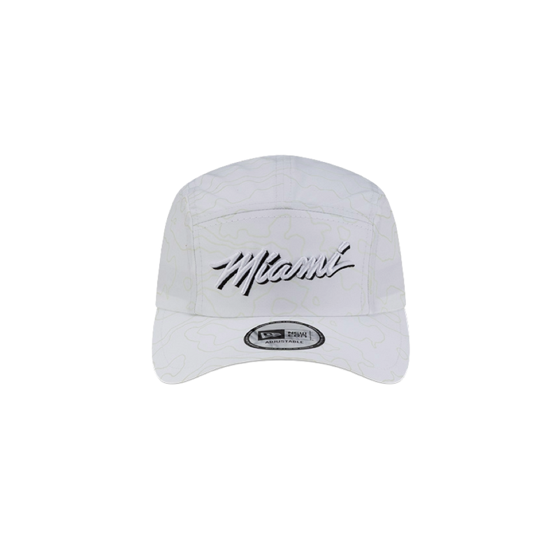 The Court Culture Original Vice Nights "Currents" Camper is a white polyester, one-size cap with subtle gray patterns, "Miami" embroidery on the front, curved brim, UV-activated design, bill sticker, and easy spot clean care.
