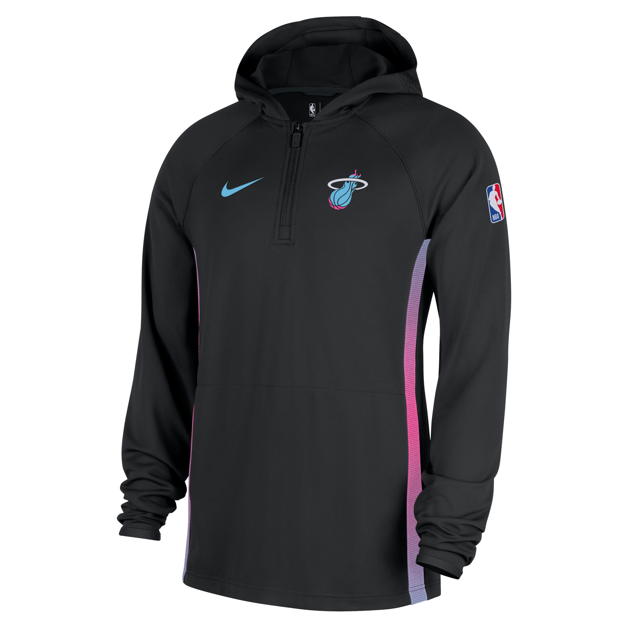 The Nike Miami HEAT Original Vice Nights 1/2 Zip Hoodie is a black Nike pullover with a blue logo, Heat chest logo, NBA sleeve patch, and pink-blue gradient side panels.