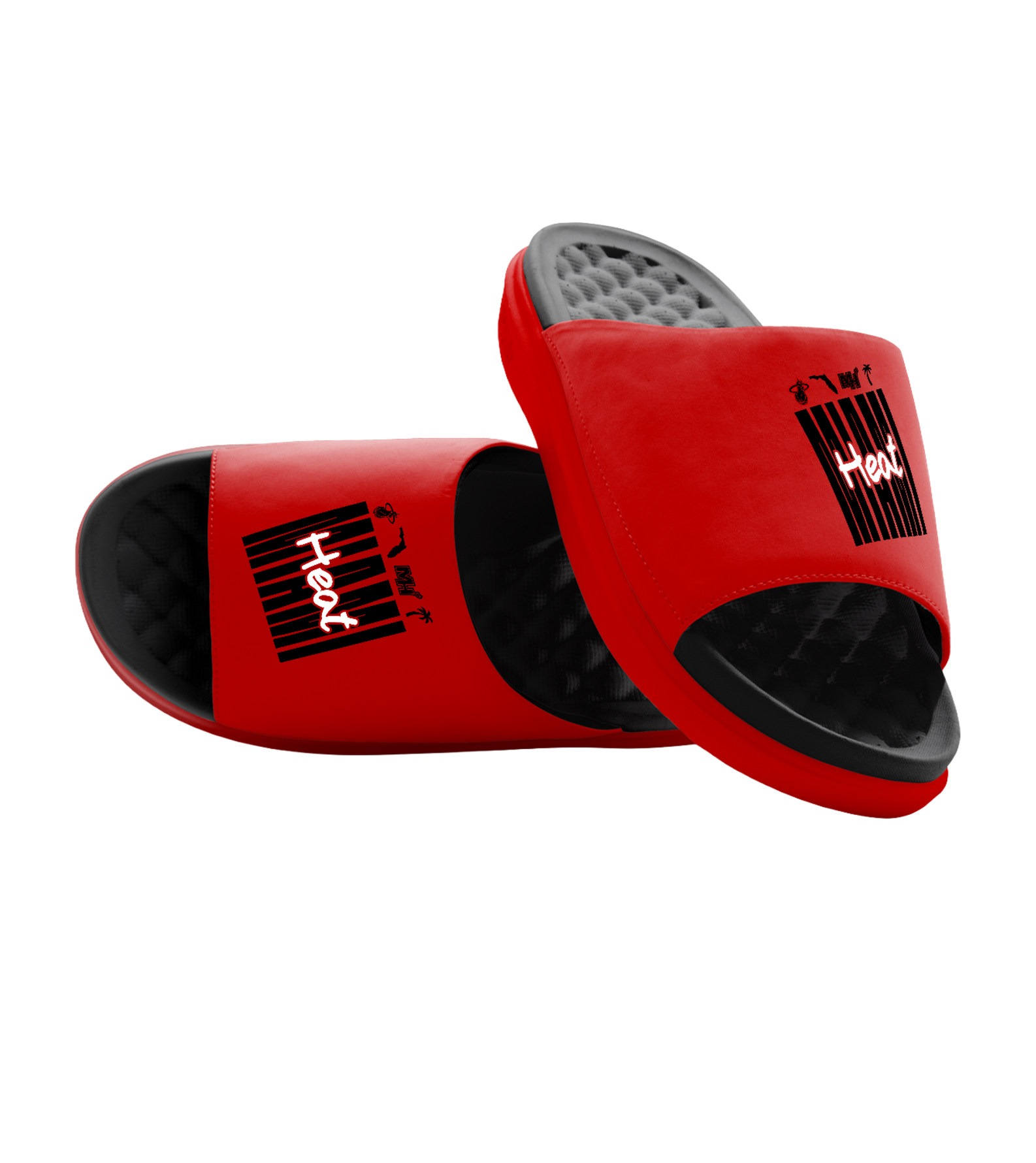 ISlide Miami HEAT Script Red Sandals featuring red straps, black soles, and a massaging footbed with a vertical bar graphic and white script Heat branding.