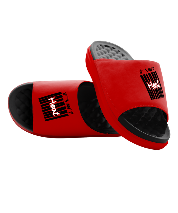ISlide Miami HEAT Script Red Sandals featuring black textured, massaging footbeds and a team graphic on the straps.