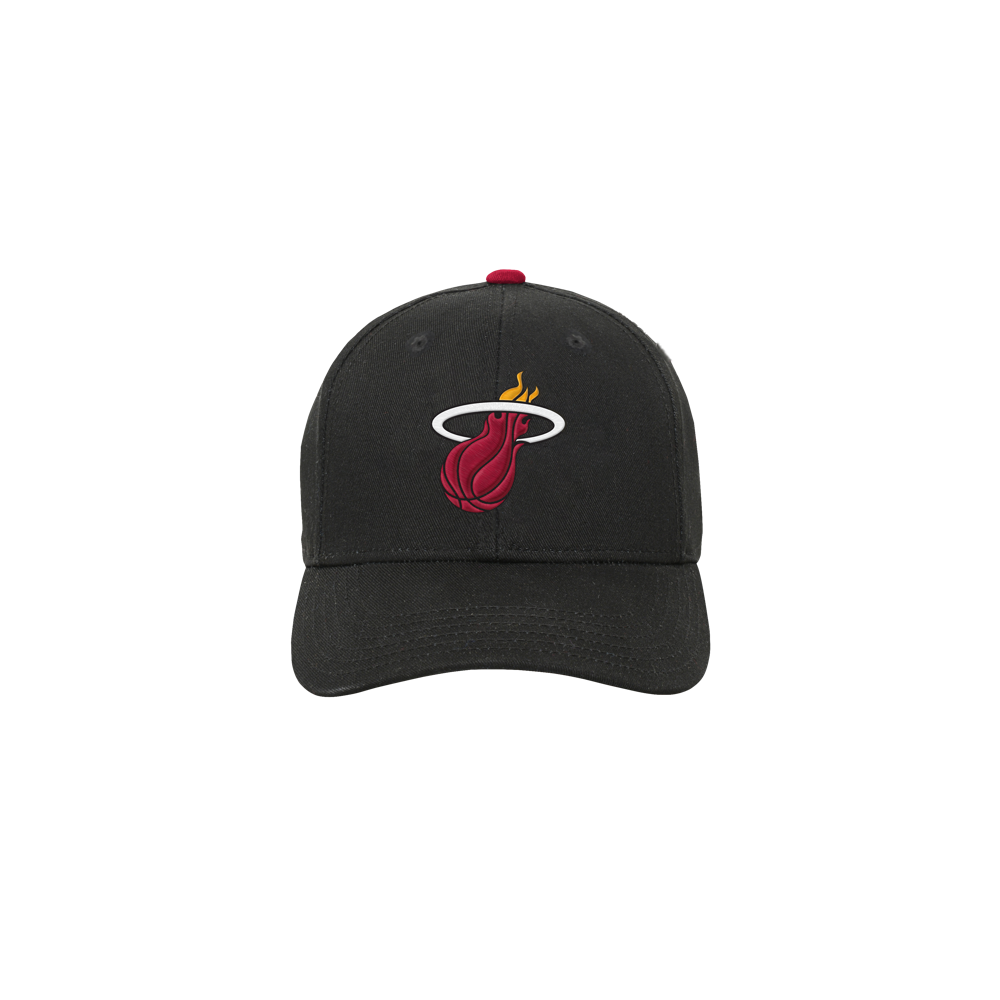 The Outerstuff Miami HEAT Pre-Curved Youth Snapback is a black cotton hat with the team’s flaming basketball logo centered on the front. One size fits most youth and it’s easy to spot clean.