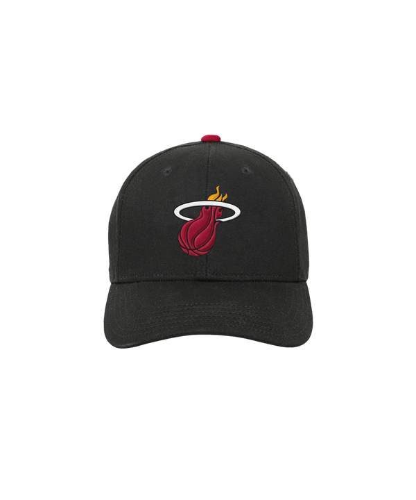 The Outerstuff Miami HEAT Pre-Curved Youth Snapback is a black cotton hat with the team’s flaming basketball logo centered on the front. One size fits most youth and it’s easy to spot clean.