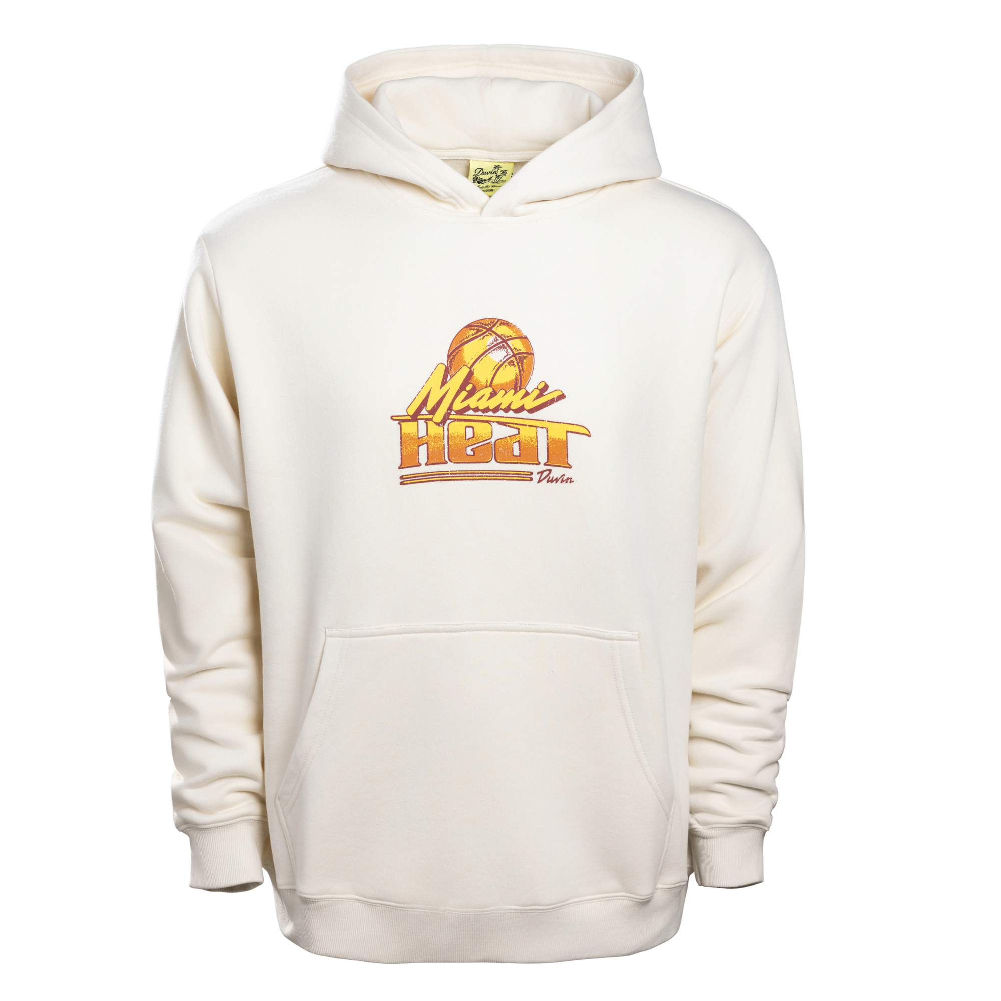 The Court Culture x Duvin “Sundown” Hoodie by Court Culture is a cream-colored, heavyweight fleece hoodie featuring a relaxed-loose fit, front pocket, and drawstring hood. Crafted from a cotton-polyester blend, it showcases Miami Heat branding with an orange basketball graphic printed on the front and is displayed against a plain white background.