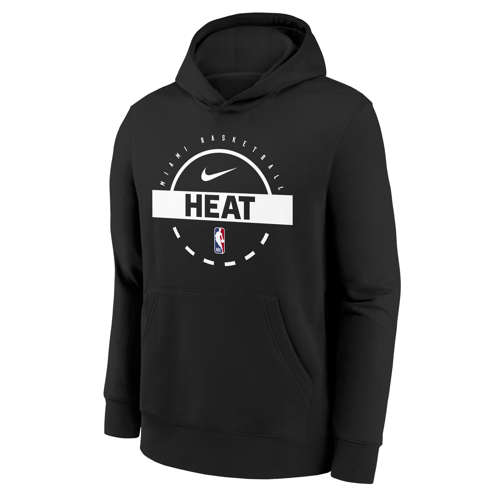 Black youth hoodie with Miami HEAT logo, Nike swoosh, and NBA emblem, front kangaroo pocket. - Nike Miami HEAT 2025-26 On-Court Fleece Youth Hoodie