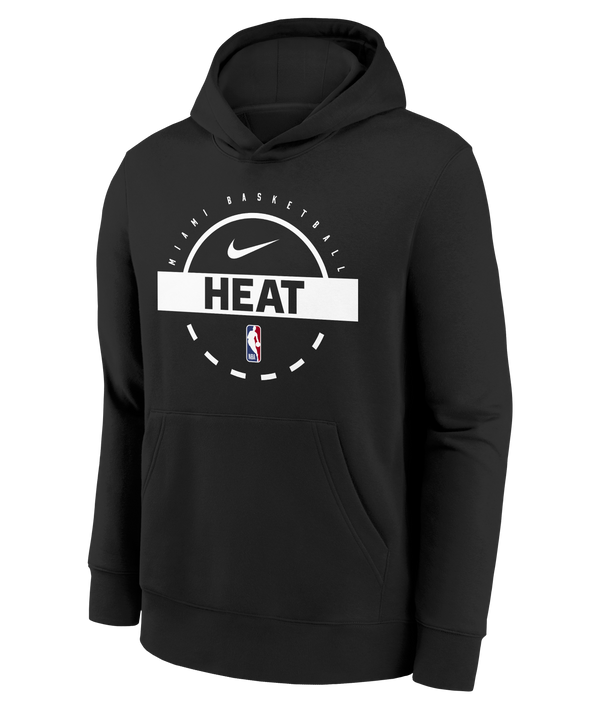 Black youth hoodie with Miami HEAT logo, Nike swoosh, and NBA emblem, front kangaroo pocket. - Nike Miami HEAT 2025-26 On-Court Fleece Youth Hoodie