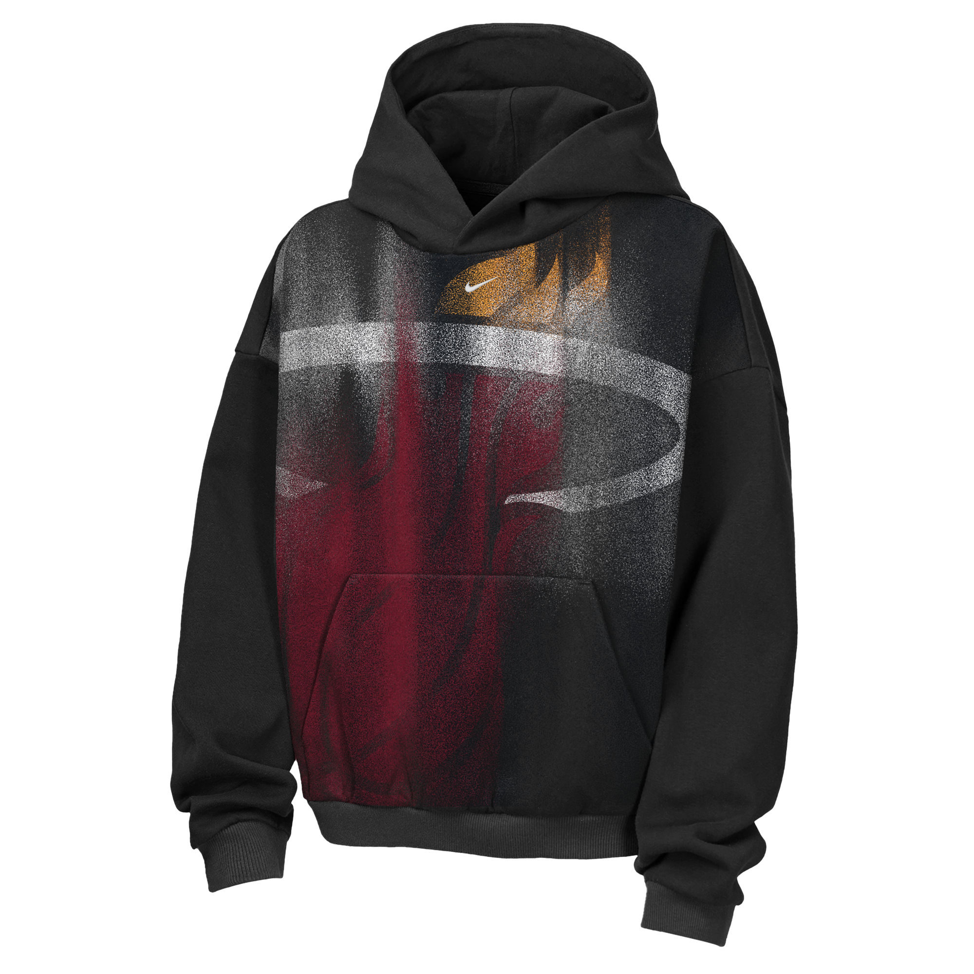 The Nike Miami HEAT Oversized Logo Fleece Youth Hoodie by Nike showcases a large multicolored Miami Heat logo in red, white, black, and yellow on the front with a small white Nike swoosh above it. Made from a comfortable cotton-polyester blend, this black hoodie features a loose fit, classic kangaroo pocket, and is photographed against a plain white background.