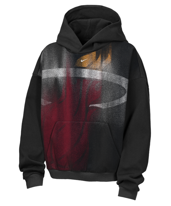 The Nike Miami HEAT Oversized Logo Fleece Youth Hoodie by Nike showcases a large multicolored Miami Heat logo in red, white, black, and yellow on the front with a small white Nike swoosh above it. Made from a comfortable cotton-polyester blend, this black hoodie features a loose fit, classic kangaroo pocket, and is photographed against a plain white background.