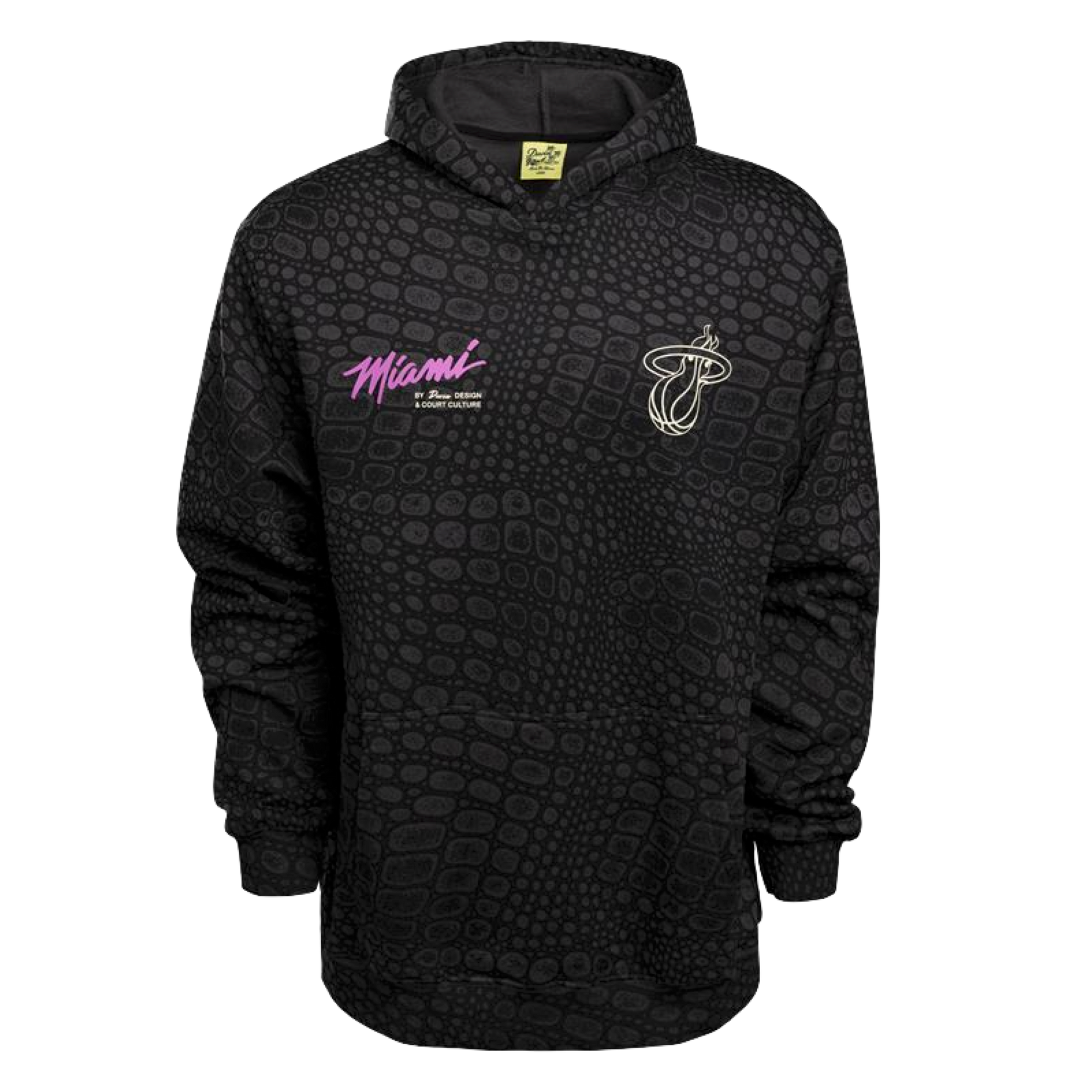The Court Culture x Duvin Original Vice Hoodie from Court Culture features a black reptile-skin pattern, pink “Miami” script, and the Miami Heat logo in white—a must-have for Vice Nights hoodie fans.