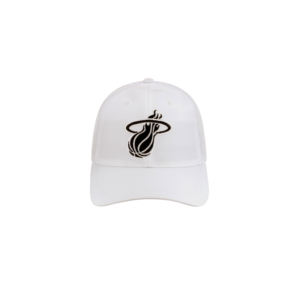 The Miami HEAT Performance Hat by Item Of The Game features a white polyester design with a black team logo on the front. One size fits most; spot clean only. Displayed on a plain white background.