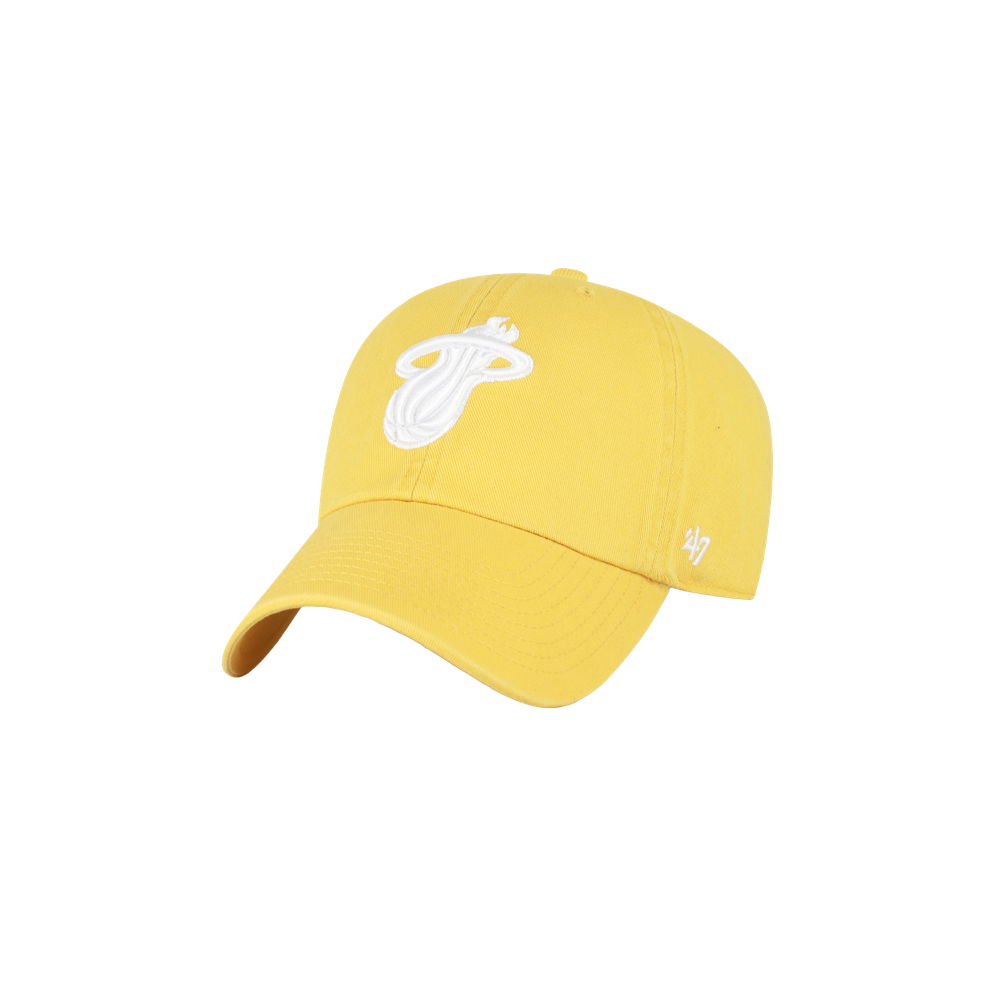 The '47 Brand Miami HEAT Honey Cleanup Dad Hat is a honey-colored cotton cap with a white embroidered flaming basketball logo on the front and a small '47 logo on the side, one size fits most, shown against a plain white background.