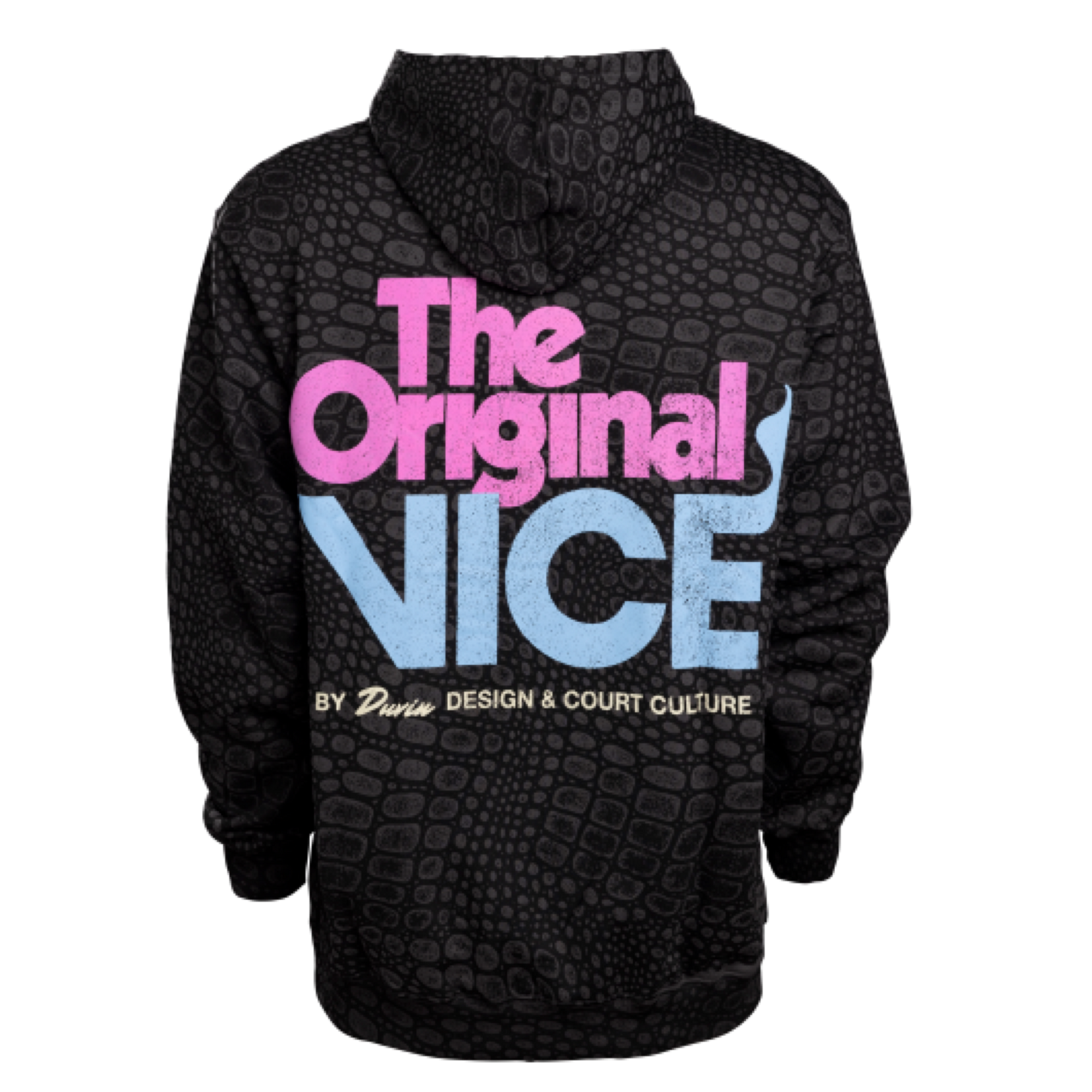The Court Culture x Duvin Original Vice Hoodie is a black textured hoodie with large pink and blue 