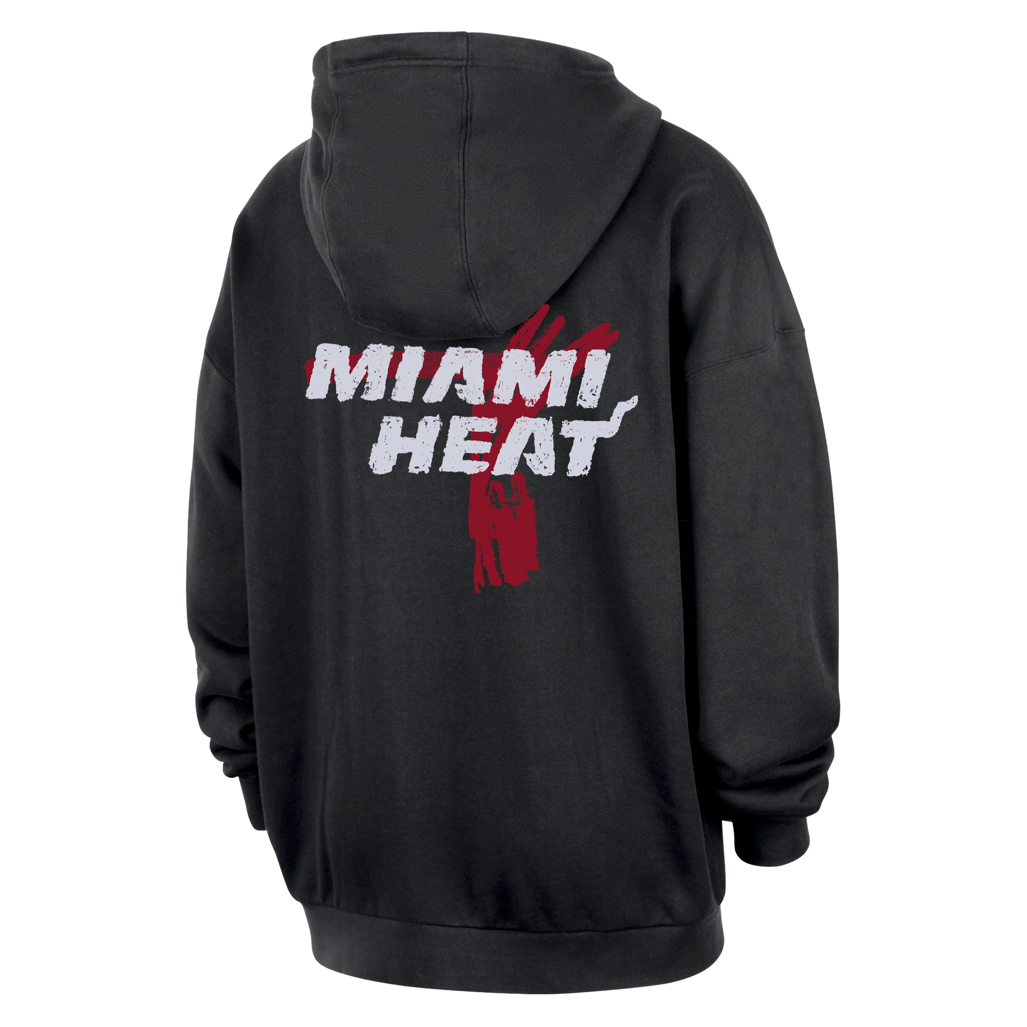The Nike Miami HEAT Club Pullover Black Hoodie features a standard fit, bold white MIAMI HEAT lettering, and a red handprint graphic on the back. Made of cotton for easy care, it’s showcased on a plain light background.