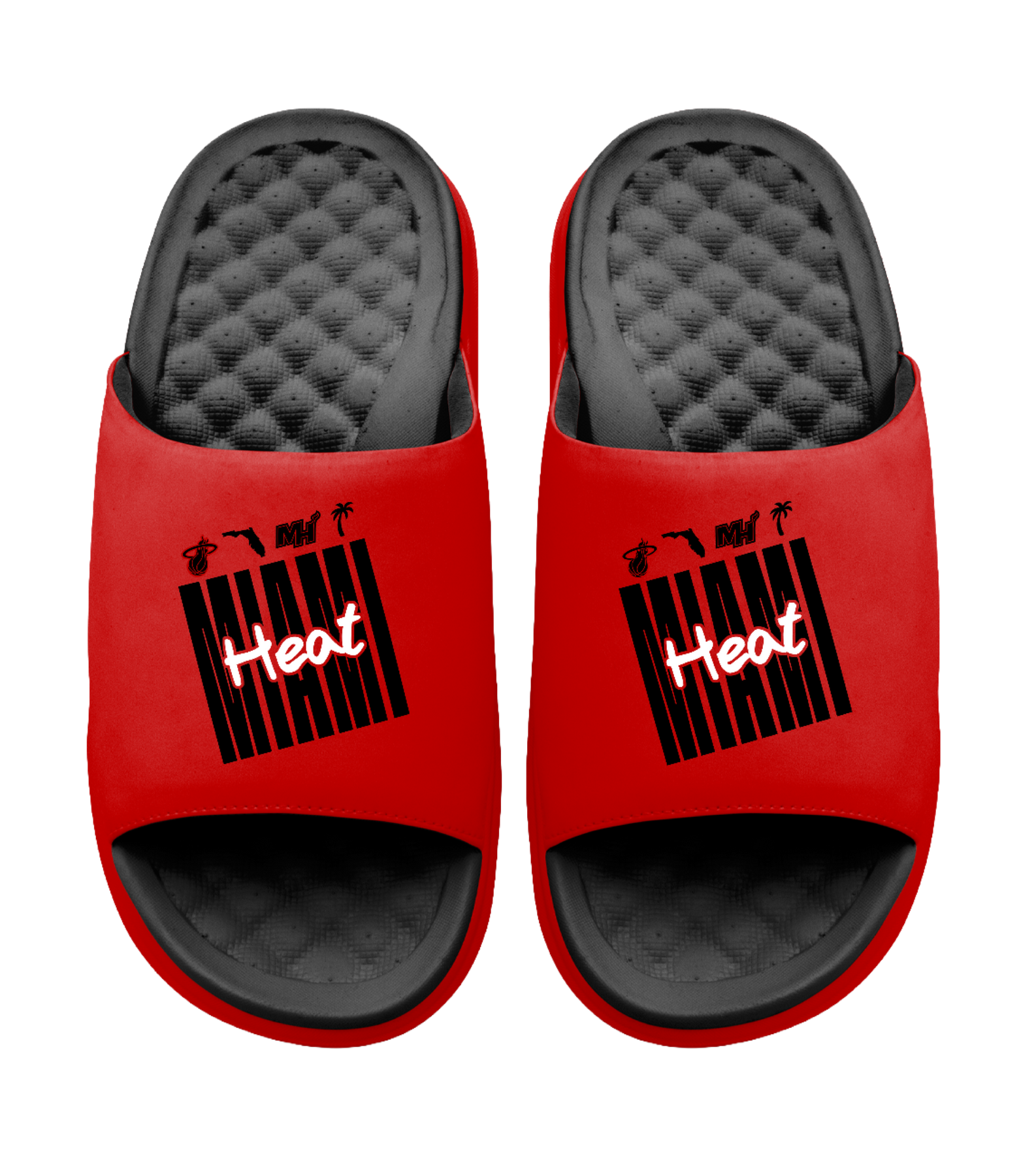 ISlide Miami HEAT Script Red Sandals featuring black textured, massaging footbeds and a team graphic on the straps.