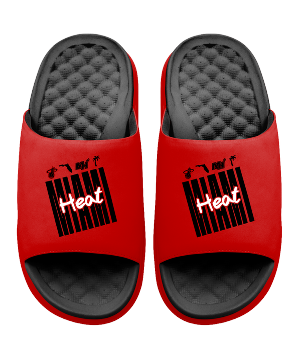 ISlide Miami HEAT Script Red Sandals featuring black textured, massaging footbeds and a team graphic on the straps.