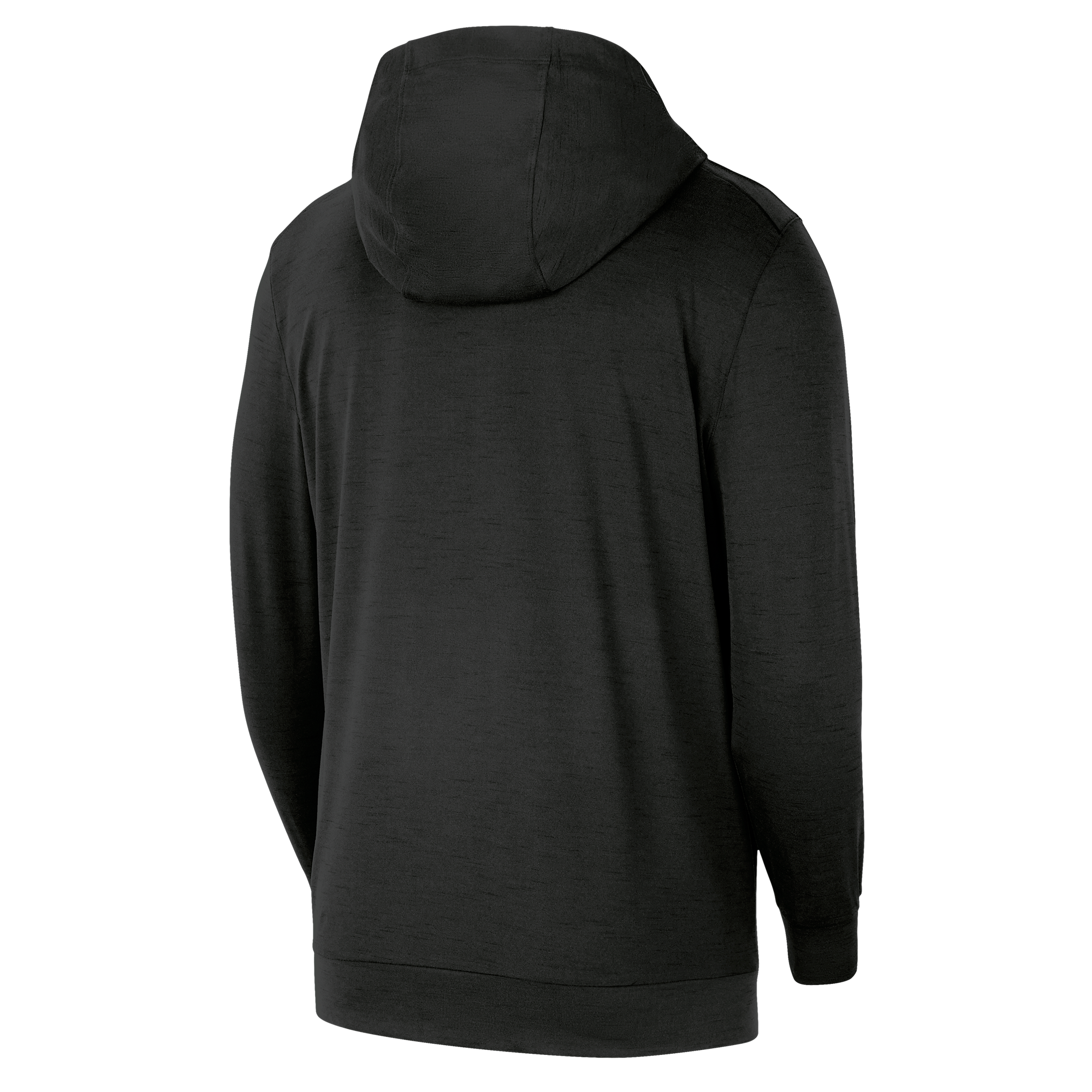 The Nike Miami HEAT Restore Pullover Hoodie by Nike is shown from the back against a white background. It features long sleeves, a loose fit, sweat-wicking fabric, and a plain black design with no visible logos or designs.