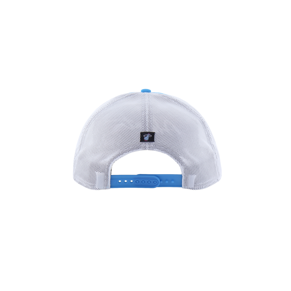 The '47 Brand Miami HEAT Original Vice Nights Blue Snapback is a white mesh baseball cap with a blue adjustable snap closure, black logo patch at the back center, and cooling technology for rapid drying and extra comfort.