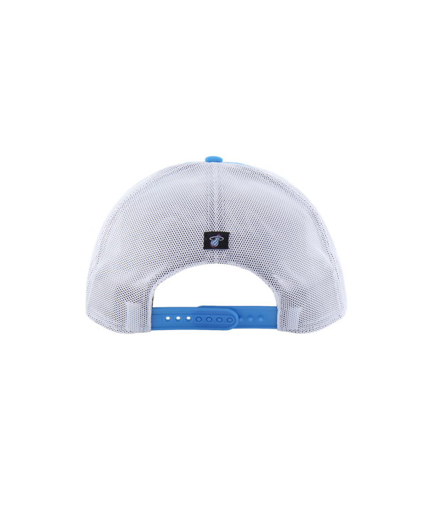 The '47 Brand Miami HEAT Original Vice Nights Blue Snapback is a blue and white mesh trucker hat with Miami Heat in white and pink retro script, cooling tech for rapid drying, and a decorative rope above the brim.