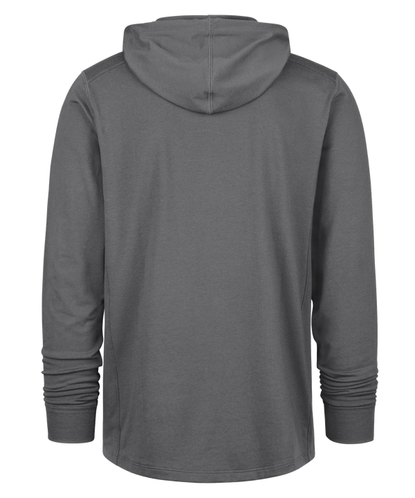 The '47 Brand Miami HEAT Forward Logo Gray Hoodie is a soft cotton-poly blend in gray, with long sleeves, a drawstring hood, and a small white Miami Heat logo on the chest, shown against a plain white background.