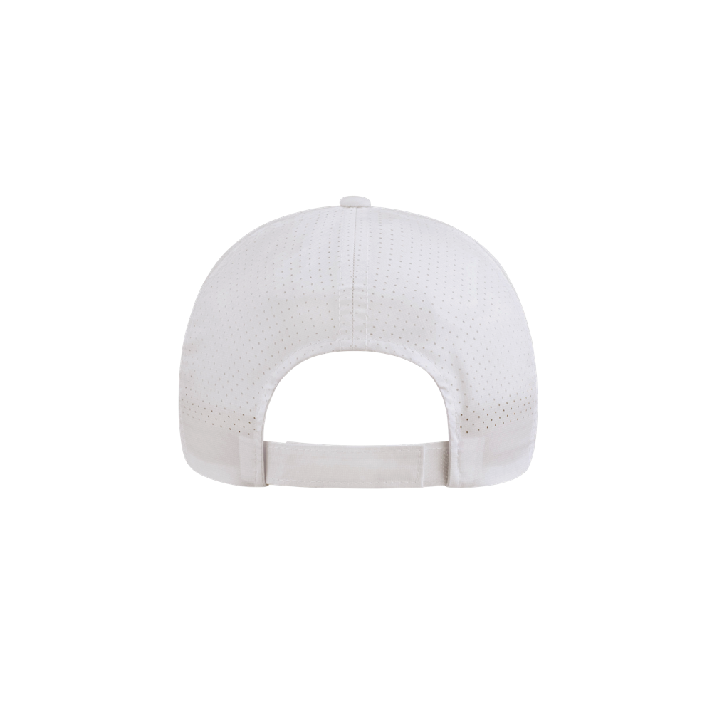 The image shows the back view of the Miami HEAT Performance Hat by Item Of The Game, a white polyester cap with small perforations and an adjustable strap. One size fits most, displayed on a plain white background.