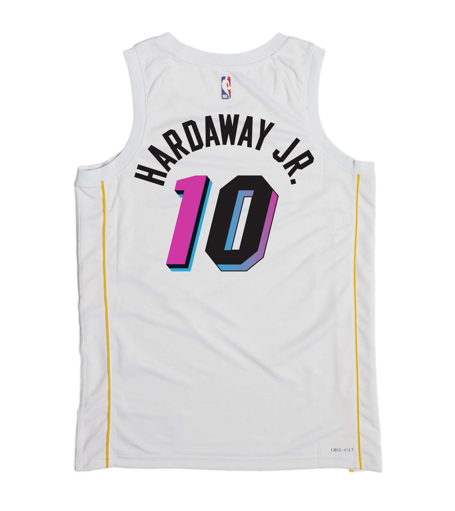 The Nike Tim Hardaway Jr. Miami Mashup Vol. 2 Swingman Jersey features white fabric with yellow side stripes, HARDAWAY JR. in black, bold colorful number 10 on the back, and authentic NBA logos for a tailored fit.