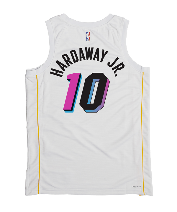 The Tim Hardaway Jr. Nike Miami Mashup Vol. 2 Swingman Jersey features white Dri-FIT fabric, colorful 