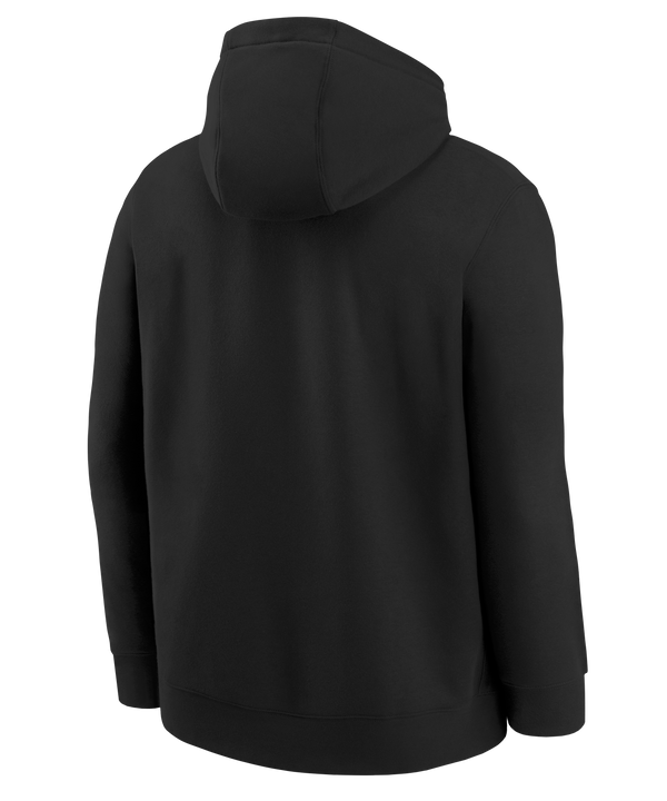 Black youth hoodie with Miami HEAT logo, Nike swoosh, and NBA emblem, front kangaroo pocket. - Nike Miami HEAT 2025-26 On-Court Fleece Youth Hoodie