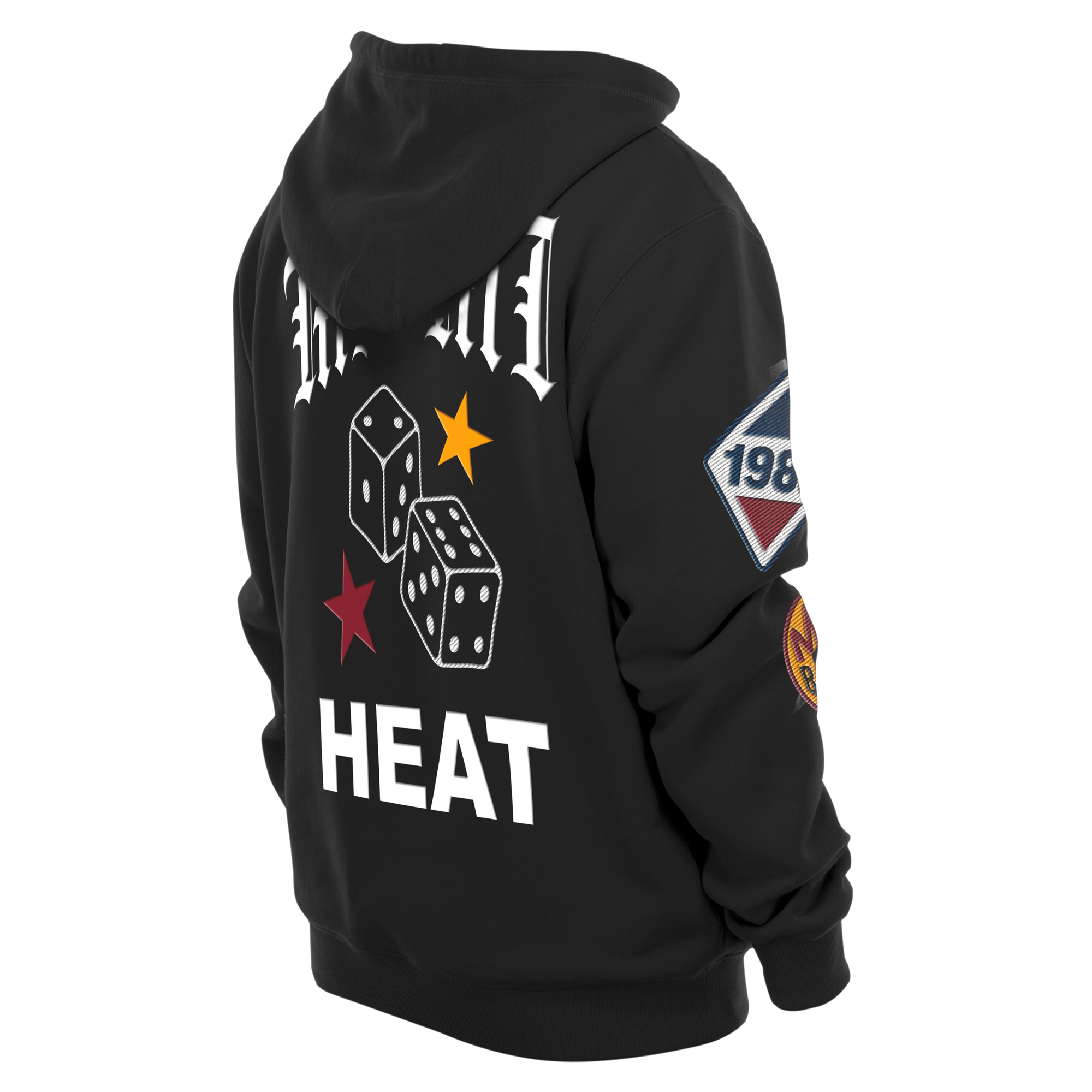 The New Era Miami HEAT Up There Hoodie is a black standard-fit sweatshirt featuring bold white HEAT lettering, dice, red and yellow stars on the back, and two colorful sleeve patches. Made from polyester-cotton; machine wash cold.