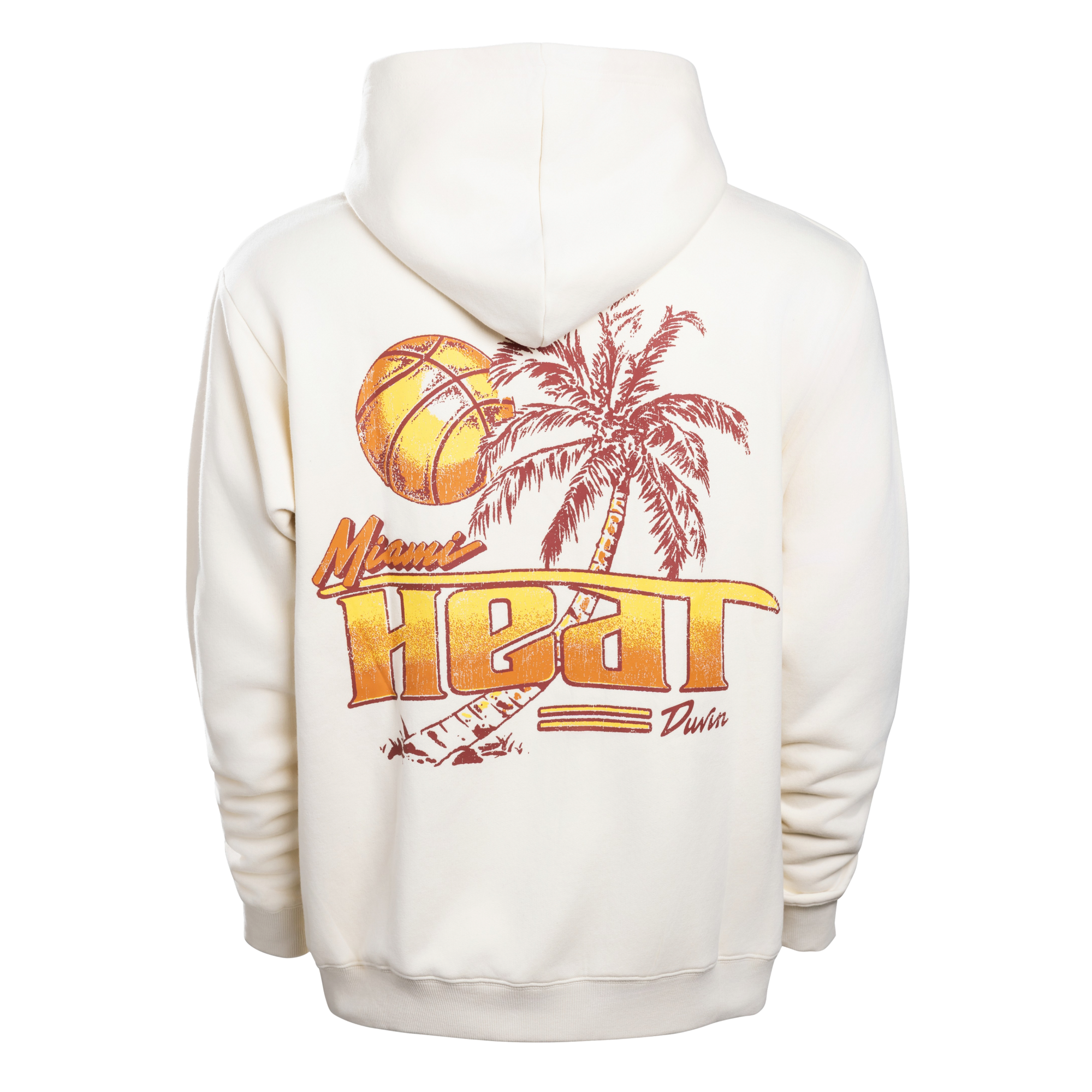 The Court Culture x Duvin “Sundown” Hoodie by Court Culture is a white heavyweight fleece hoodie featuring a Miami Heat graphic on the back with an orange basketball, palm tree, and stylized Miami Heat text. Designed in a relaxed-loose fit and crafted from a premium cotton polyester blend, this hoodie offers lasting comfort and warmth.