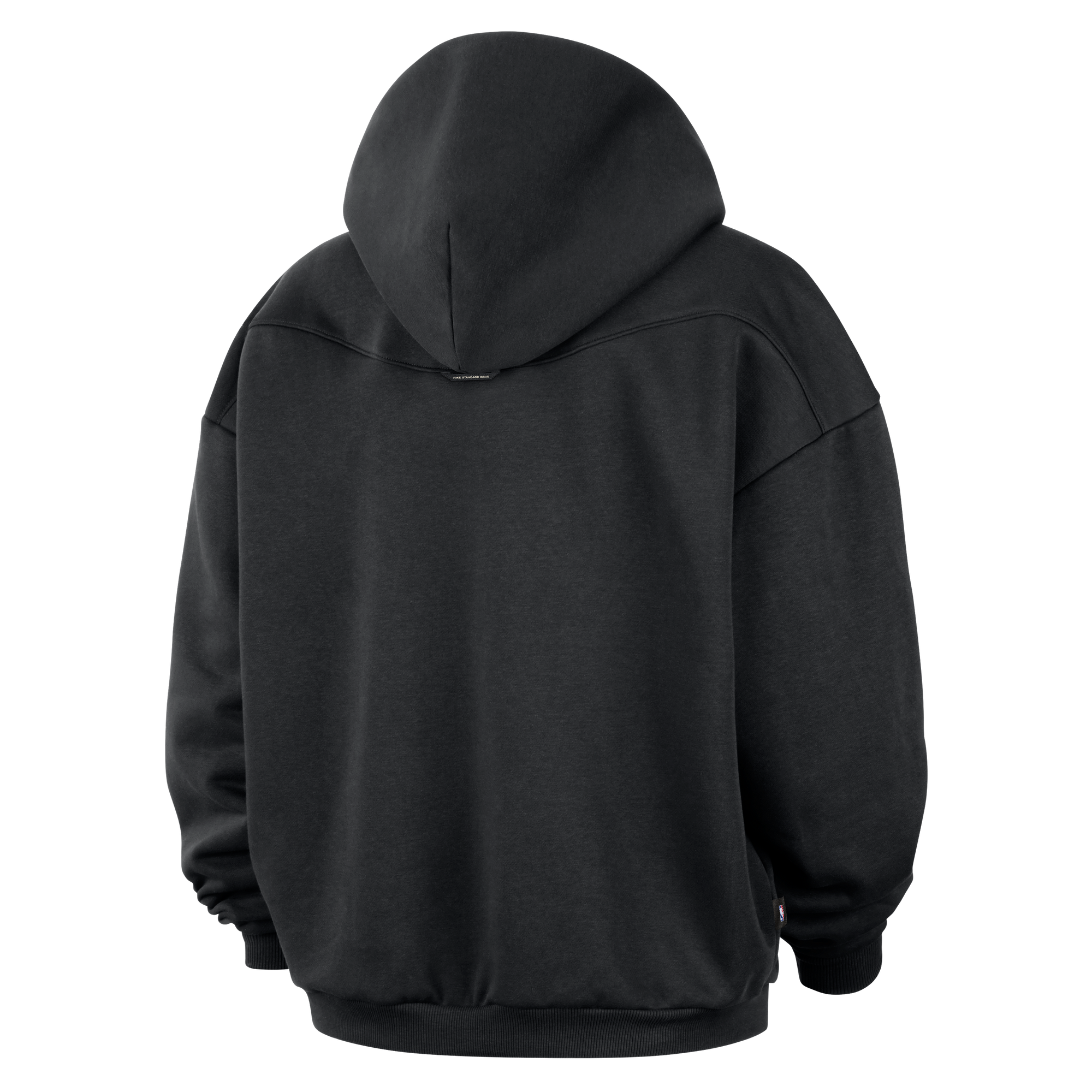 A black Nike Miami HEAT Oversized Logo Fleece Hoodie is displayed from the back against a white background. Featuring long sleeves and a relaxed fit, this hoodie combines comfort and simplicity in the classic Nike style.